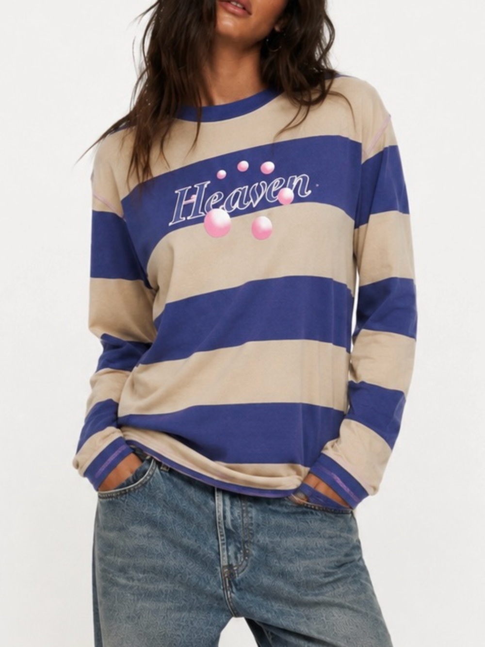 Heaven by Marc Jacobs Striped Long Sleeve Cherry Embroidered Top Blue Tan Small